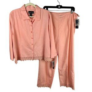 NEW Vintage Robert Louis 2 Piece Shirt Pants Set Women Plus 1X Pink Peach Linen